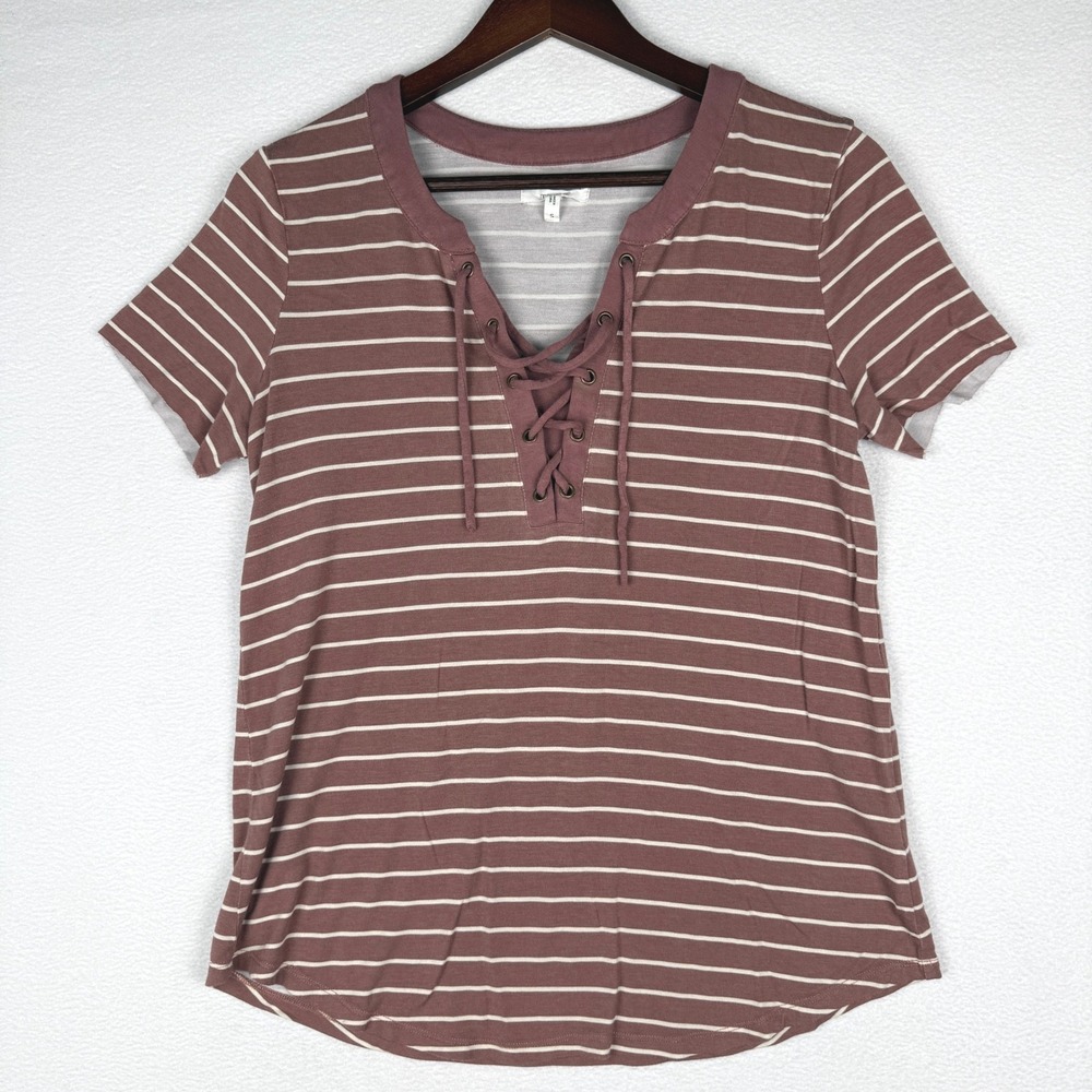 Maurices Lace Up V Neck T-Shirt Womens Small Mauve Striped Short Sleeve